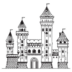 Naklejka premium Line art cartoon design of castle palace, black vector illustration on white background