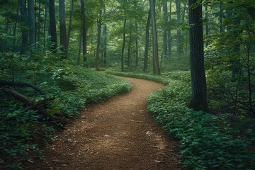 Fototapeta premium A dirt path in thick forest surrounded by trees, plants, grass