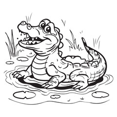 Cute cartoon baby alligator design for kids coloring book, black vector illustration on white background