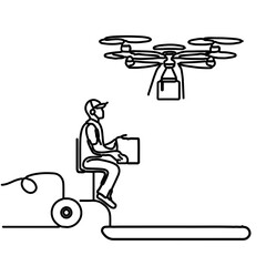 Continuous one line drawing of man flying delivery drone