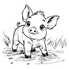 Cute cartoon baby pig design for kids coloring book, black vector illustration on white background