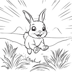 Cute hopping bunny in beautiful landscape, black vector illustration on white background