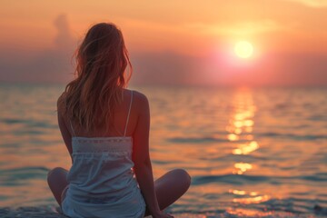 Fototapeta premium Woman perched on rock gazes at sea