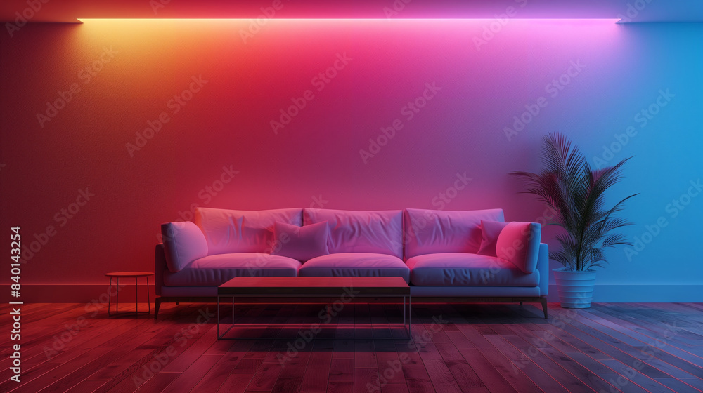 Poster Modern living room and white sofa with line and hidden neon light, modern and minimalist neon theme design