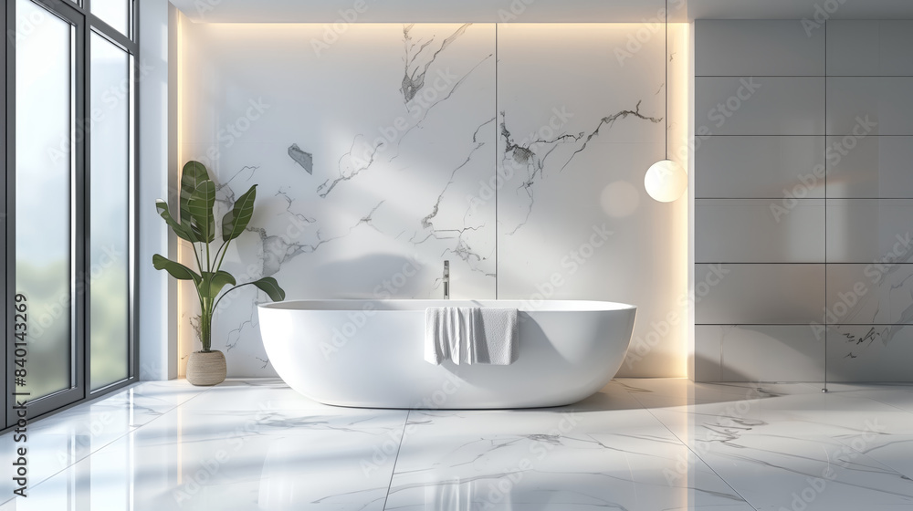 Poster Modern bathroom and white bathtub with line and hidden warm light, modern and minimalist white theme design