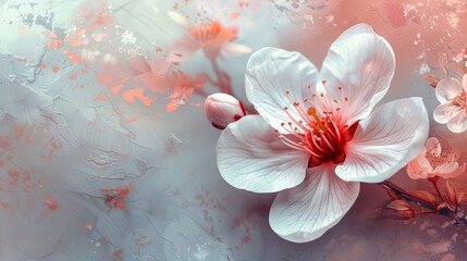 Blooming cherry blossom with intricate petal patterns and a soft background, Macro, Digital painting, Vivid colors, High definition