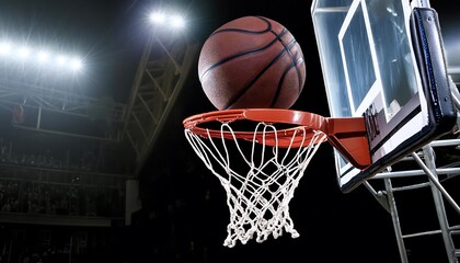 Basketball scoring a basket as it goes through the hoop and making a swish in the net