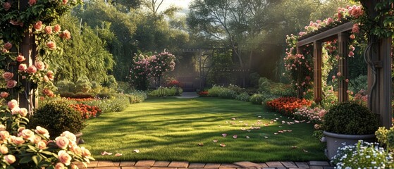 A well-maintained garden featuring a pergola covered in climbing roses, a manicured lawn, and ornamental shrubs, Classical, Digital art, Warm tones, Elegant design