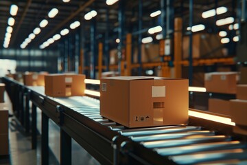 Automated Logistics: Conveyor Belt in Distribution Warehouse with E-Commerce Packages, Efficient Concept Banner & Copy
