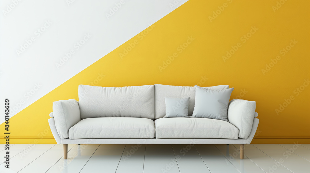 Wall mural Modern living room and white sofa with white and yellow wall