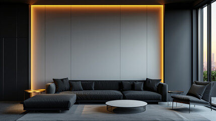 Modern living room and black sofa with line and hidden warm light, modern and minimalist black theme design