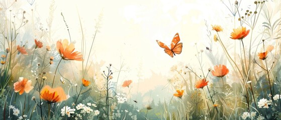 A peaceful meadow filled with wildflowers and tall grass, with butterflies fluttering around, Whimsical, Watercolor, Soft pastel tones, Dreamy ambiance