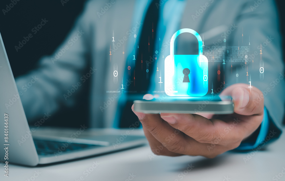 Poster businessman working on phone and computer online showing protection icons cyber espionage, represent