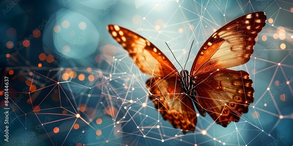 Poster 3d digital butterfly on blue polygonal background with wireframe technology structure. concept techn