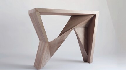 Contemporary wooden console table with geometric design, showcasing unique angles and modern aesthetics in a minimalist setting.