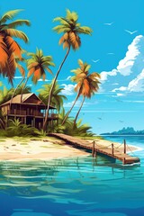 Fototapeta premium wooden bungalow on beautiful tropical beach illustration