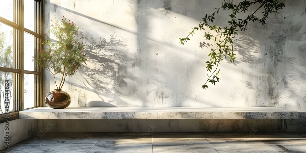 Poster empty modern counter table with dappled sunlight foliage shadows and white backdrop. concept product