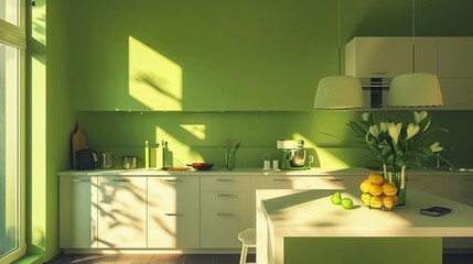 Bright green kitchen with complete and modern furniture equipment. The kitchen is very clean and well organized