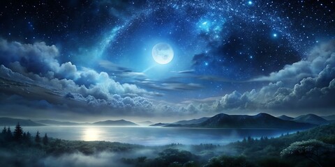 Obraz premium Fantastic night landscape with bright arched milky way, purple sky with stars, pink light and hills. Beautiful scene with universe. Space background with starry sky. Galaxy and nature