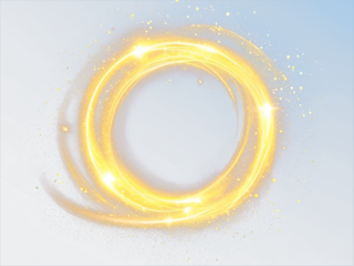 Gold light circle with sparkles, vector magic glow 3d effect. Realistic golden shiny ring or swirl, round frame of flare trail with glitter dust, golden fairy dust isolated on transparent background