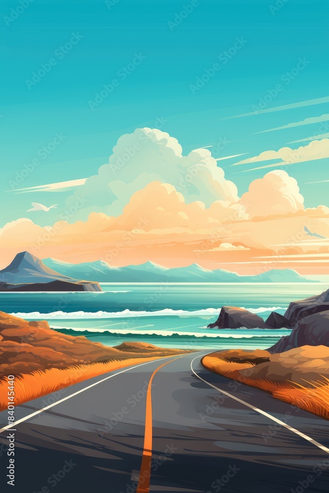 Wall mural road trip in nature landscape by coast illustration