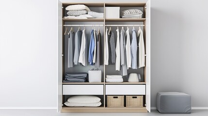 Organized wardrobe with neatly arranged clothes and boxes, depicting a clean and minimalist storage solution in a modern home.