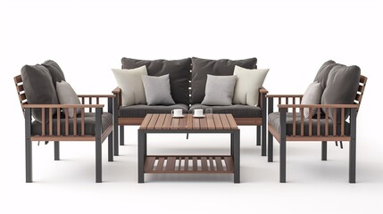 Stylish outdoor patio furniture set with a sofa, armchairs, and a coffee table, perfect for relaxing and entertaining in a modern backyard or garden.