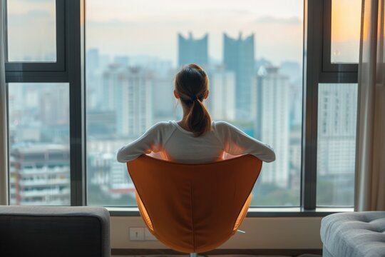 Work-Life balance and life quality concept with business woman rear view relaxing sitting in rest, take it easy in modern hotel guest room or luxury home living room with beautiful city urban scene