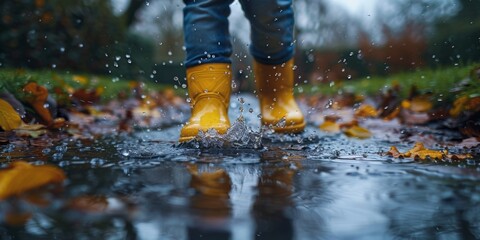 Person in yellow rain boots jumps into a puddle on road