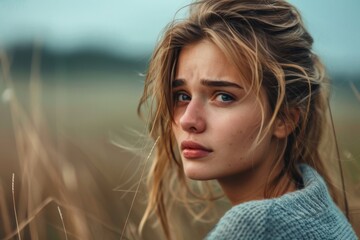 Fototapeta premium Woman blonde eyes blue sweater field
