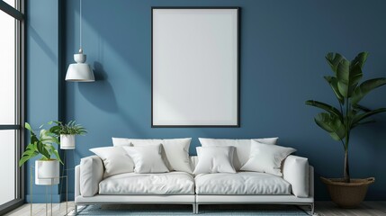 Living room with empty photo frames against blue wall. The room is decorated with green plants with comfortable seating