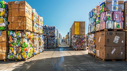 Piles of colorful plastic bottles and cardboard boxes neatly organized at a recycling facility with the backdrop of a clear blue sky