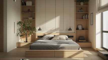 Bedroom with a wooden bed frame and a white wall. The bed is made and the room is clean and tidy
