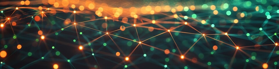 Futuristic technology background featuring orange and green dot connections forming an intricate plexus network