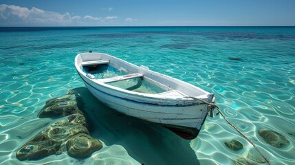 A small, white rowboat rests in calm, clear water with a sandy bottom, summer vacation. - Powered by Adobe