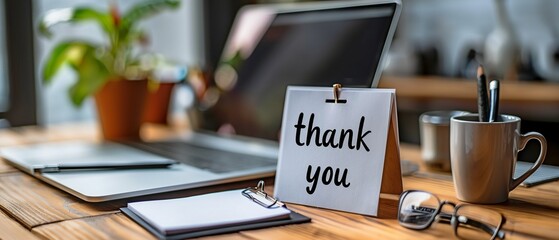 "thank you" note prominently displayed among office supplies, creating a warm and appreciative atmosphere in a work environment...