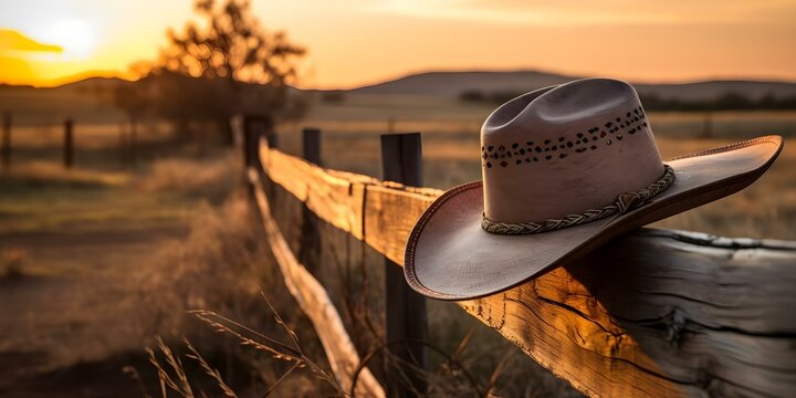 Rustic outdoor scene with cowboy hat against wooden fence at sunset. Concept Outdoor Photoshoot, Rustic Theme, Cowboy Hat, Wooden Fence, Sunset Setting
