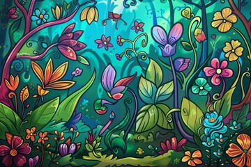 Cartoon cute doodles of a magical fairy garden with colorful flowers and tiny sprites, Generative AI