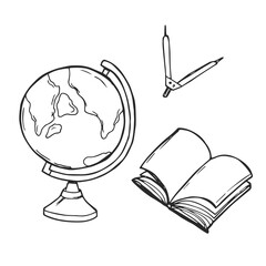 Earth globe beside book and a compass. Simple line graphic style. Hand drawn graphic concept for education
