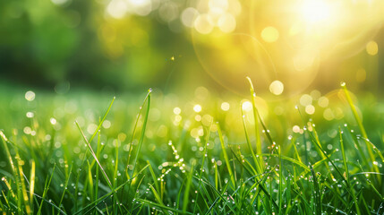 Dewy Freshness on Green Grass under Radiant Sunbeams