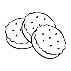 Three cookies with glaze and sprinkled with sesame seeds, outline doodle drawing, isolated on a white background.