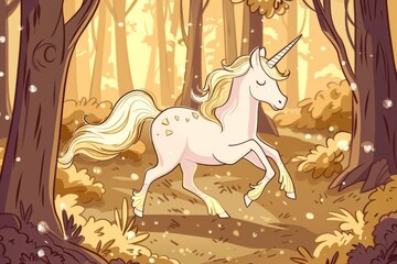 Cartoon cute doodles of a magical unicorn prancing through a sparkling forest, Generative AI