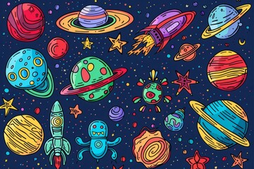 Cartoon cute doodles of a space adventure with colorful planets and friendly alien creatures, Generative AI