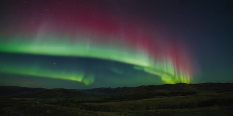 Fototapeta premium Beautiful view of aurora in northern sky night over the hills, borealis northern lights background wallpaper