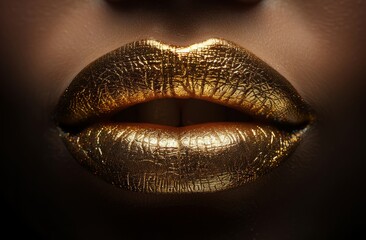 Close-Up of Lips with Gold Metallic Lipstick: High Fashion Glamour and Beauty Trend