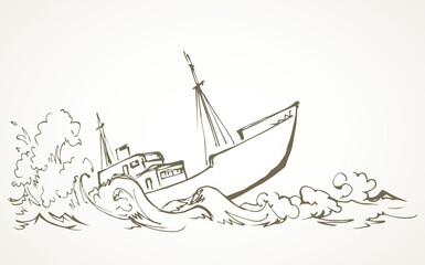 Shipwreck in the waves. Vector drawing