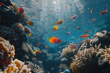 Naklejka premium Wonderful and beautiful underwater world with corals and tropical fish