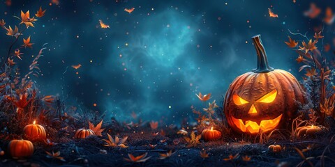 Halloween themed illustration with pumpkins and space for text on a dark, spooky background