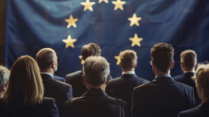 Obraz premium Rear view of a group of people in front of EU flags.