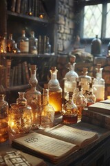 An old dusty shop with ancient books, artifacts, vials, and glowing lights.